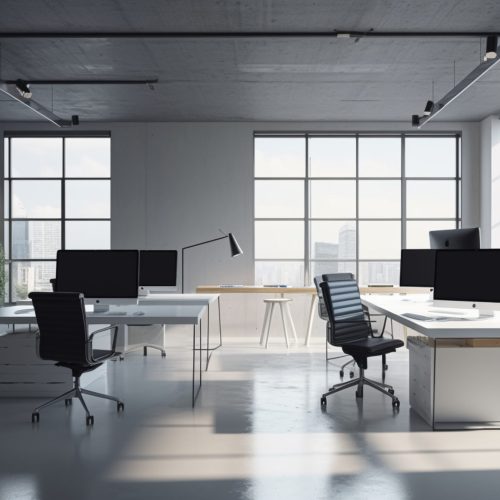 Modern office space with desktops with modern computers, created with Generative AI technology
